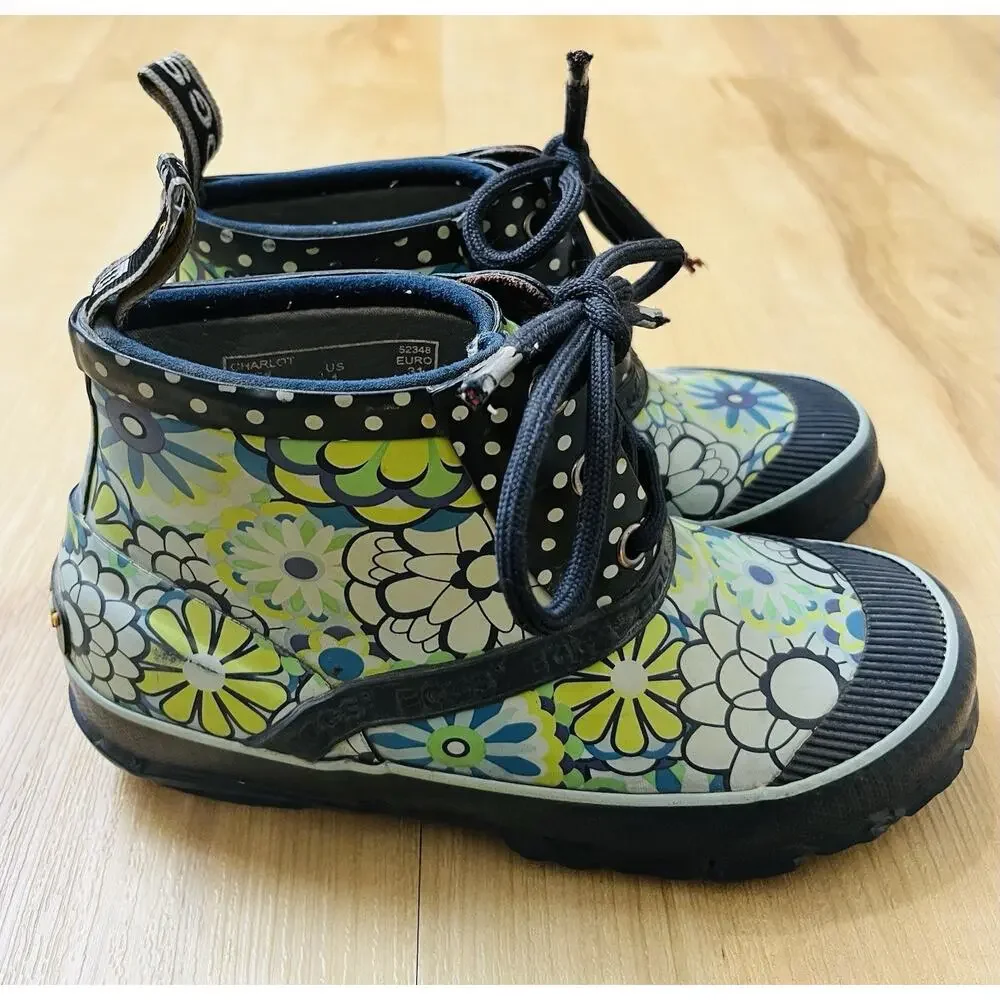 Bogs Charlot Rubber Boot Kids Size 1 Navy Floral. Green flowers. Rain GUC